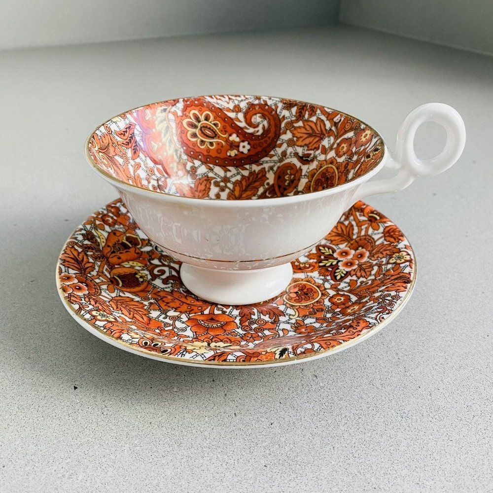 Vintage Radford Orange Paisley Bone China Teacup & Saucer Set England 1938–1957